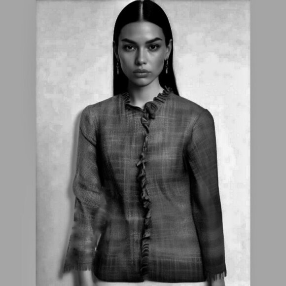 Dialogue Tweed Jacket 2 Pockets Front Closure Long Sleeve Fringe-Edged Teal W 10 - Picture 3 of 13